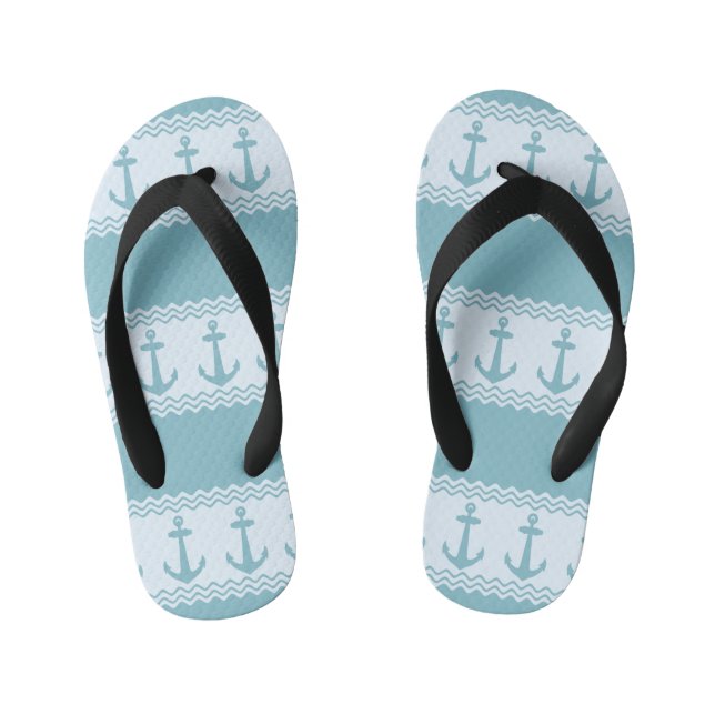 Blue Nautical Anchor Coastal Stripes Kid's Flip Flops (Footbed)