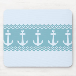 Blue Nautical Anchor Coastal Stripes Mouse Mat