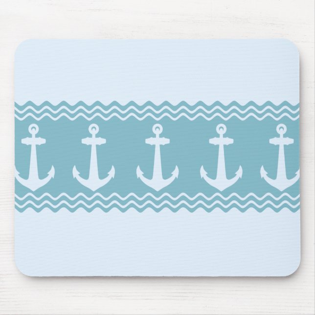 Blue Nautical Anchor Coastal Stripes Mouse Mat (Front)