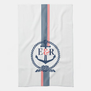 Blue Nautical Anchor Knot & Stripes Monogram Tea Towel