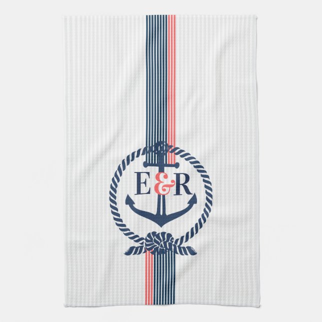Blue Nautical Anchor Knot & Stripes Monogram Tea Towel (Vertical)