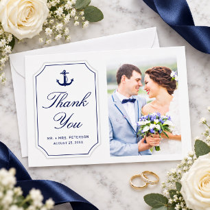 Blue Nautical Anchor on White Photo Wedding Thank You Card