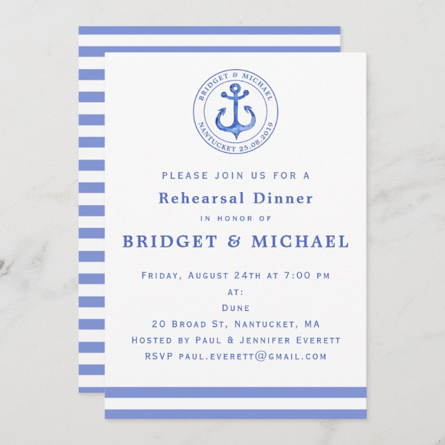 Blue Nautical Anchor Rehearsal Dinner Invitation (Front/Back)