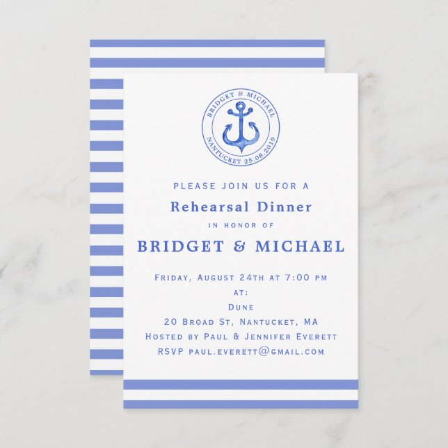 Blue Nautical Anchor Rehearsal Dinner Invitation (Front/Back)