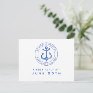 Blue Nautical Anchor RSVP Wedding Invitation Postcard