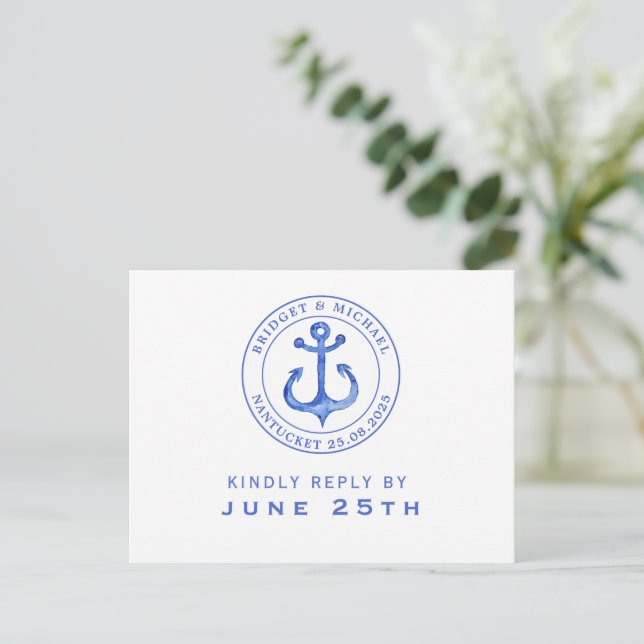 Blue Nautical Anchor | RSVP Wedding Invitation Postcard (Standing Front)
