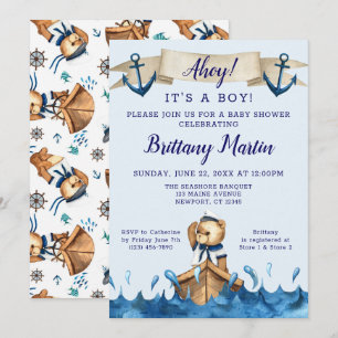 Blue Nautical Anchor Sailor Bear Baby Shower Invitation