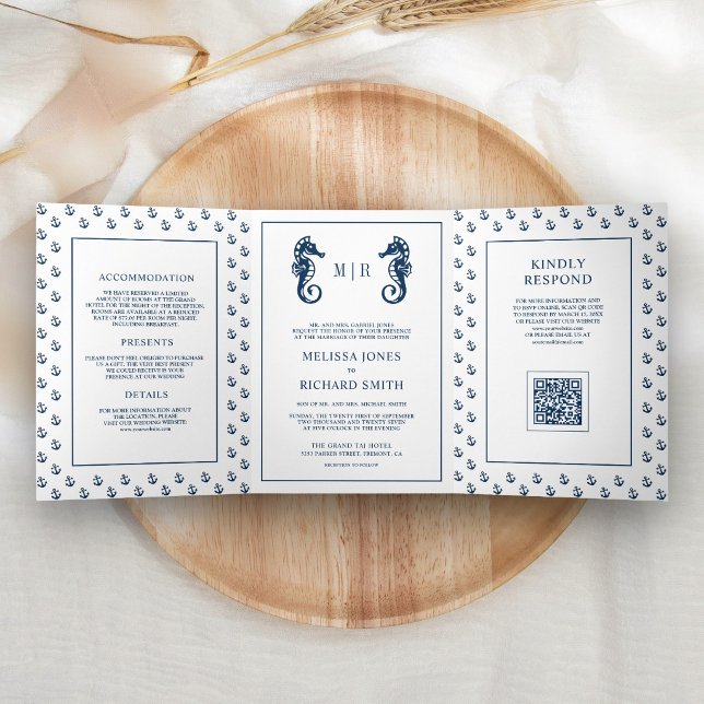 Blue Nautical Anchor Seahorse QR Code Wedding Tri-Fold Invitation (Creator Uploaded)
