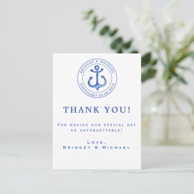 Blue Nautical Anchor | Wedding Thank You Postcard (Standing Front)