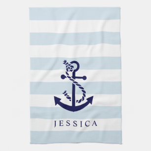 Blue nautical anchor white & light blue stripes tea towel