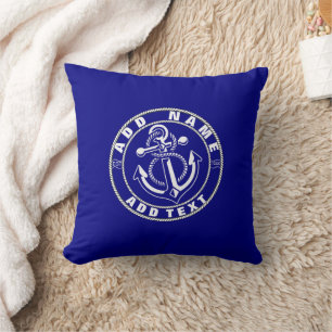Blue Nautical Anchor yacht club boat marina Name Cushion