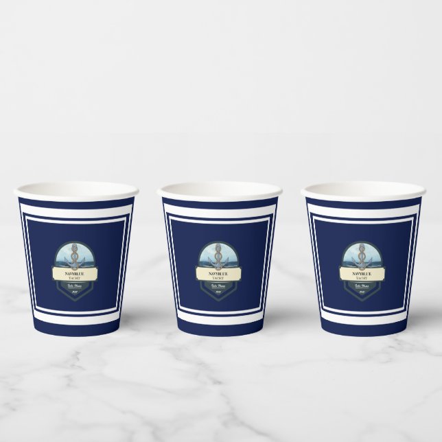 Blue Nautical Anchor yacht club boat marina Name Paper Cups (Multi)