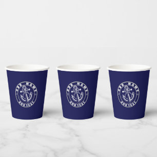 Blue Nautical Anchor yacht club boat marina Name Paper Cups