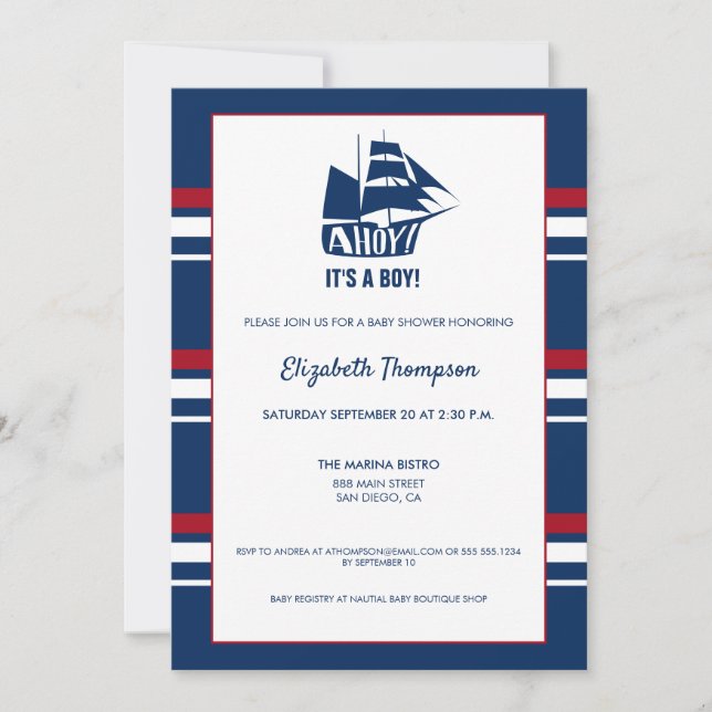 Blue Nautical Baby Shower Ahoy It's a boy Ship Invitation (Front)
