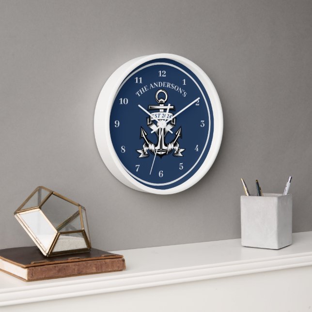 Blue Nautical Beach House Anchor Family Name Est  Clock (Office)