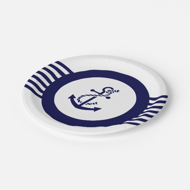 Blue Nautical Boat Anchor And Stripes Paper Plate (Angled)