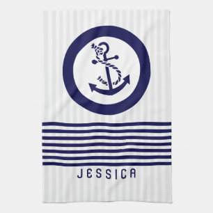 Blue Nautical Boat Anchor And Stripes Tea Towel