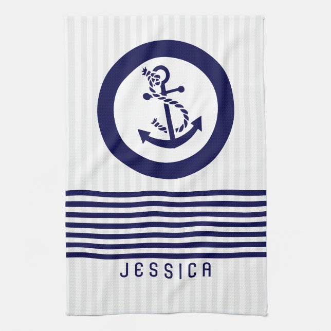 Blue Nautical Boat Anchor And Stripes Tea Towel (Vertical)