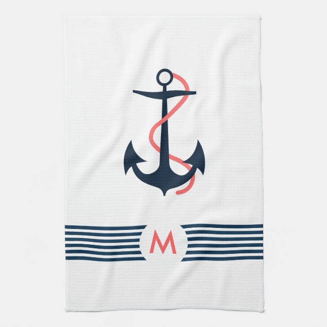 Blue Nautical Boat Anchor Decorative Blue Stripes Tea Towel (Vertical)