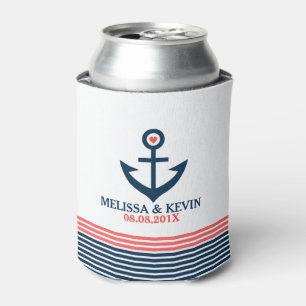 Blue Nautical Boat Anchor & Decorative Stripes Can Cooler