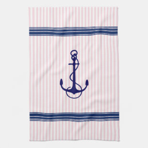 Blue Nautical Boat Anchor Stripes Accent Tea Towel