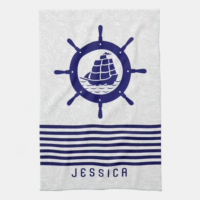 Blue Nautical Boat Wheel And Stripes Tea Towel (Vertical)