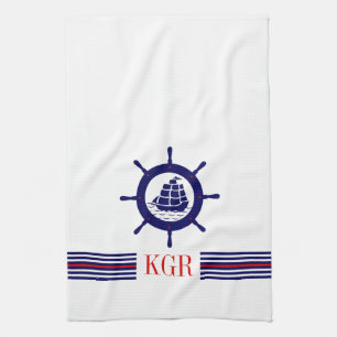 Blue Nautical Boat Wheel Monogram & Stripes Tea Towel
