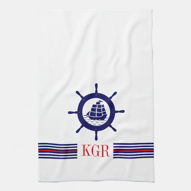 Blue Nautical Boat Wheel Monogram & Stripes Tea Towel (Vertical)