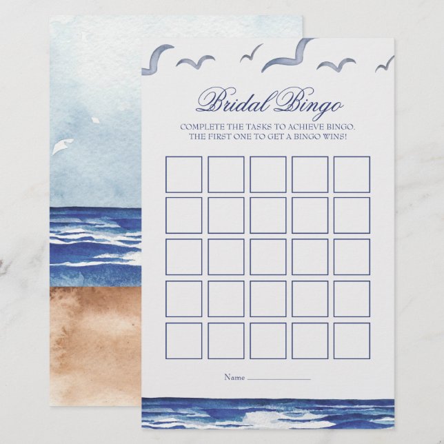 Blue Nautical Coastal Sea Bridal Bingo Game Card (Front/Back)