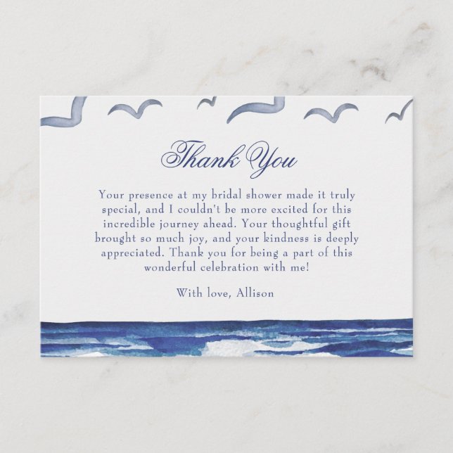 Blue Nautical Coastal Sea Bridal Shower Thank You Enclosure Card (Front)
