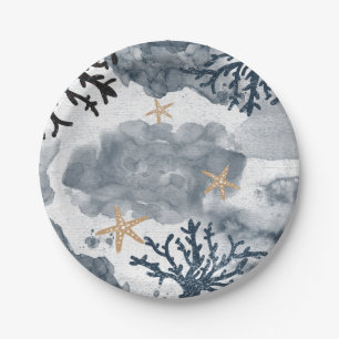 Blue Nautical Coral Watercolor Elegant Party Paper Plate
