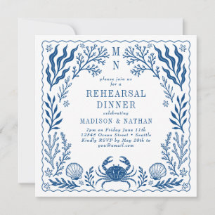 Blue Nautical Crab Beach Wedding Rehearsal Dinner Invitation