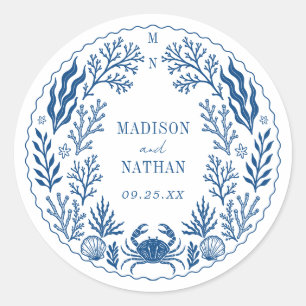 Blue Nautical Crab Shell Ocean Beach Wedding Classic Round Sticker