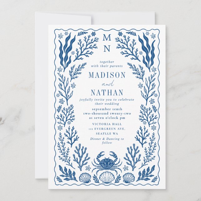 Blue Nautical Crab Shell Ocean Beach Wedding Invitation (Front)