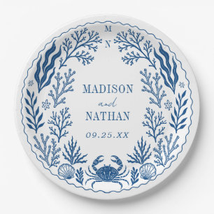Blue Nautical Crab Shell Ocean Beach Wedding Paper Plate
