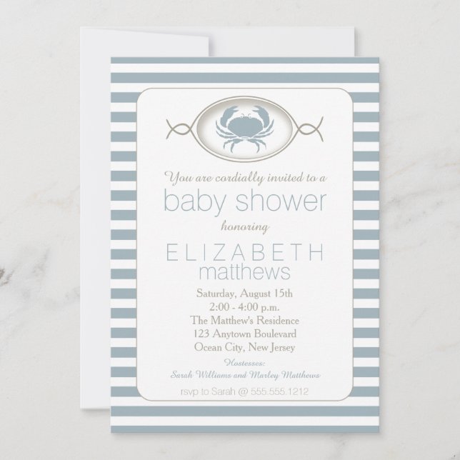 Blue Nautical Crab Striped Baby Shower Invitation (Front)