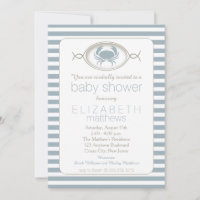 Blue Nautical Crab Striped Baby Shower Invitation