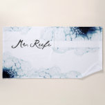 Blue Nautical Destination Wedding Mr. Beach Towel<br><div class="desc">This Blue Nautical Destination Wedding Mr. Beach Towel design pairs sleek and classic white with striking dark royal blue watercolor ocean waves as a gorgeous backdrop for sophisticated minimalist typography and boho script details. Perfect for a modern luxury nautical aesthetic, with a unique moody navy beach style. This beautifully curated...</div>