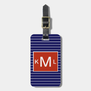 Blue Nautical Horizontal Stripes Red Monogram Luggage Tag