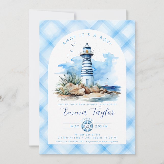 Blue Nautical Lighthouse Boy Baby Shower Invitation (Front)