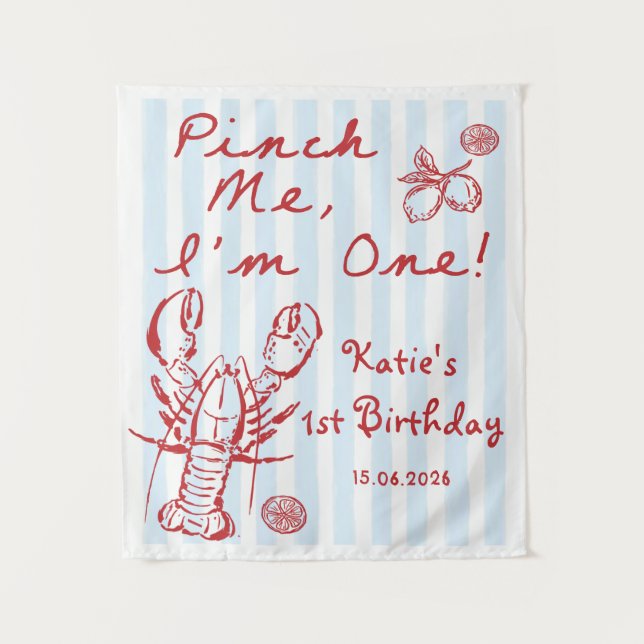 Blue Nautical Lobster 1st Birthday Tapestry (Front)