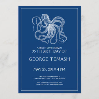 Blue nautical octopus Birthday party Invitation