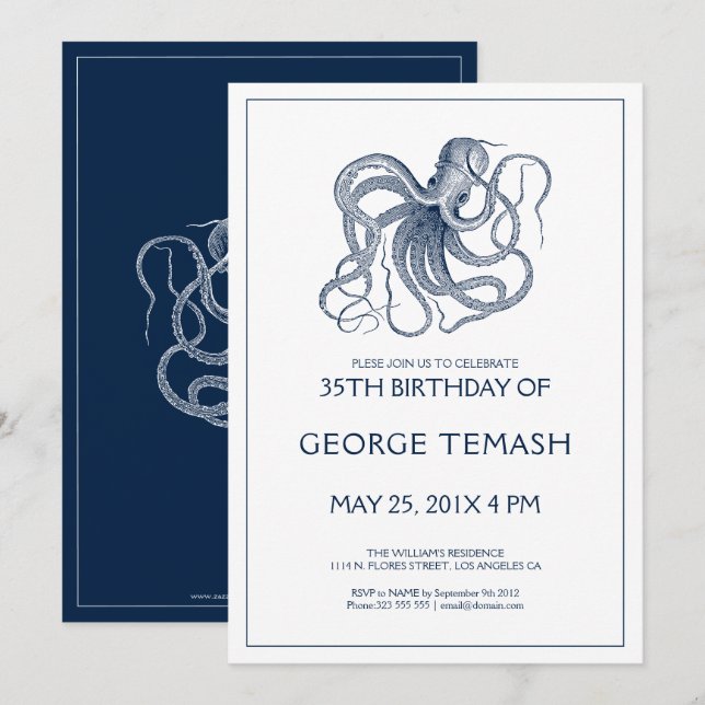Blue nautical octopus birthday party Invitation 2 (Front/Back)