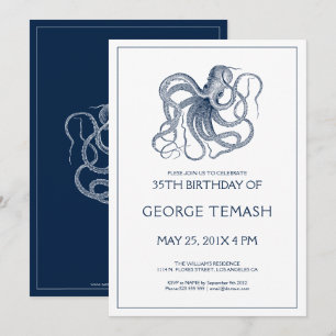 Blue nautical octopus birthday party Invitation 2