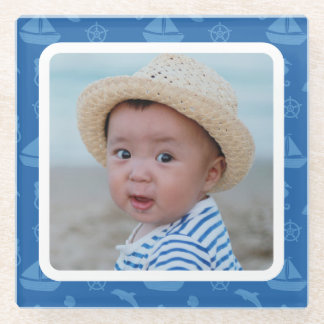 Blue Nautical Pattern Custom Baby Boy Photo Glass Coaster