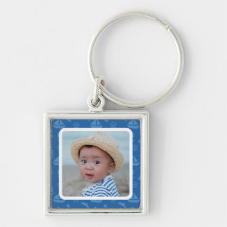 Blue Nautical Pattern Custom Baby Boy Photo Key Ring