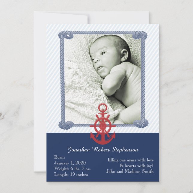 Blue Nautical Photo Baby Announcement (Front)