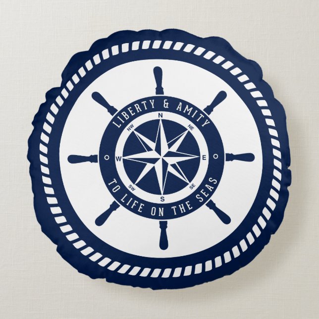 Blue Nautical Pillow, Compass, Maritime Round Pill Round Cushion (Front)