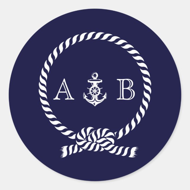 Blue Nautical Rope and Anchor Monogram Classic Round Sticker (Front)