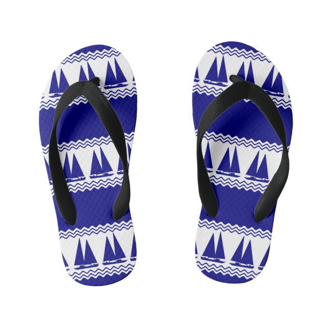 Blue Nautical Sailboat Coastal Stripes Kid's Flip Flops (Footbed)